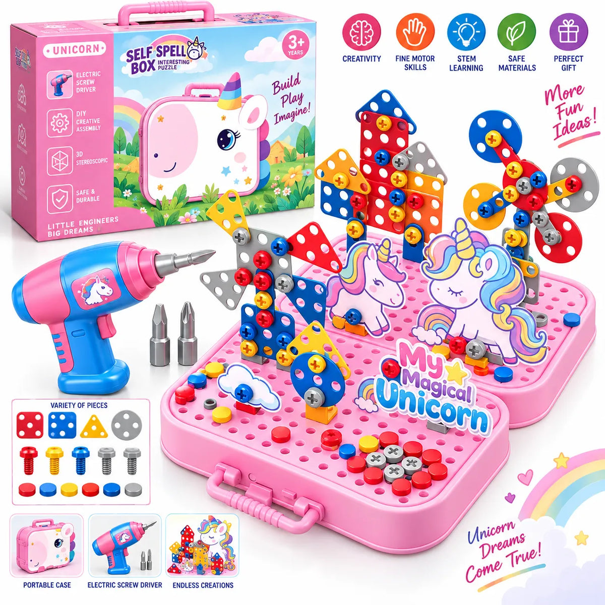 Taladro Creativo 298 piezas diseño unicornio rosa